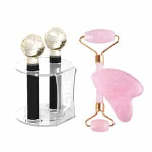 Kit Esferas de Vidro Com Glitter + Rack Organizador + Kit Pedra Jade Rosa